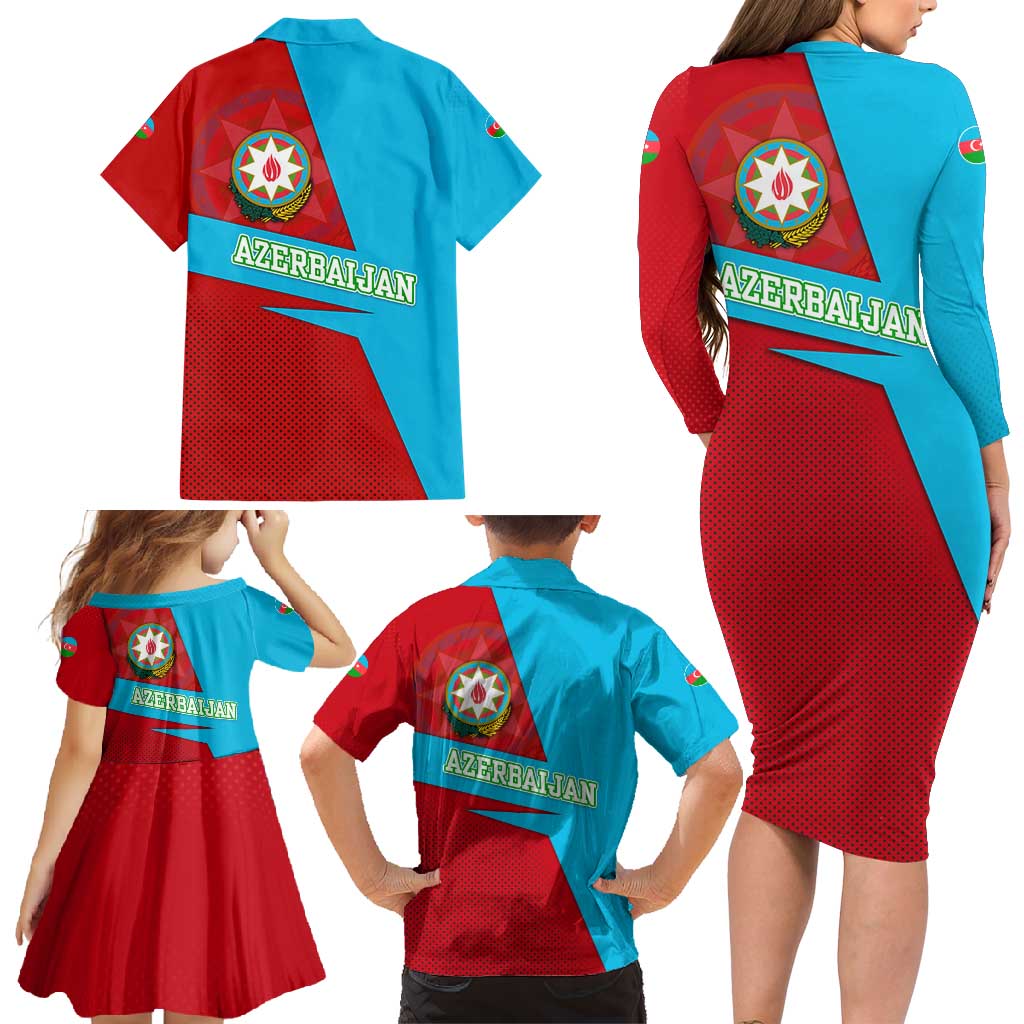 Azerbaijan National Emblem Family Matching Long Sleeve Bodycon Dress and Hawaiian Shirt with Modern Flag Color Block Design - Wonder Print Shop