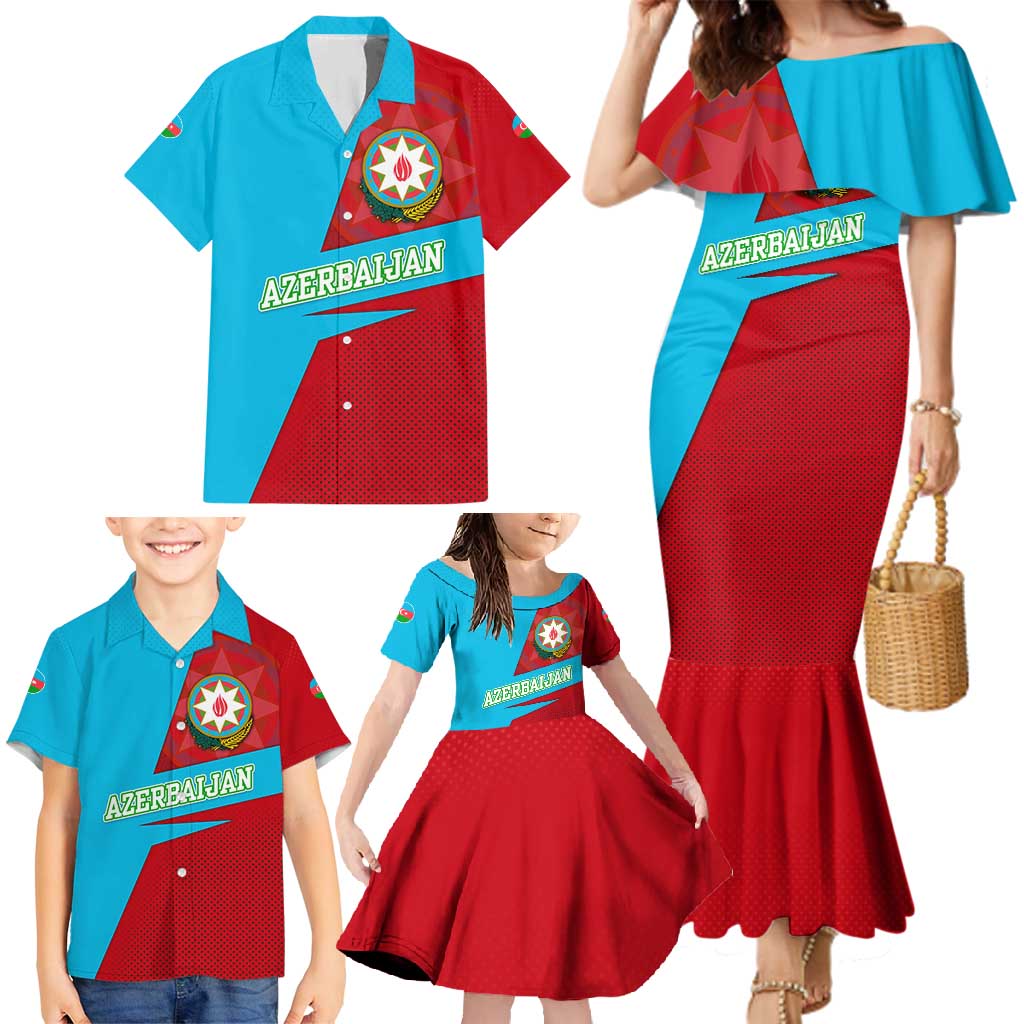 Azerbaijan National Emblem Family Matching Mermaid Dress and Hawaiian Shirt with Modern Flag Color Block Design - Wonder Print Shop