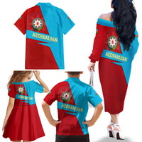 Azerbaijan National Emblem Family Matching Off The Shoulder Long Sleeve Dress and Hawaiian Shirt with Modern Flag Color Block Design - Wonder Print Shop