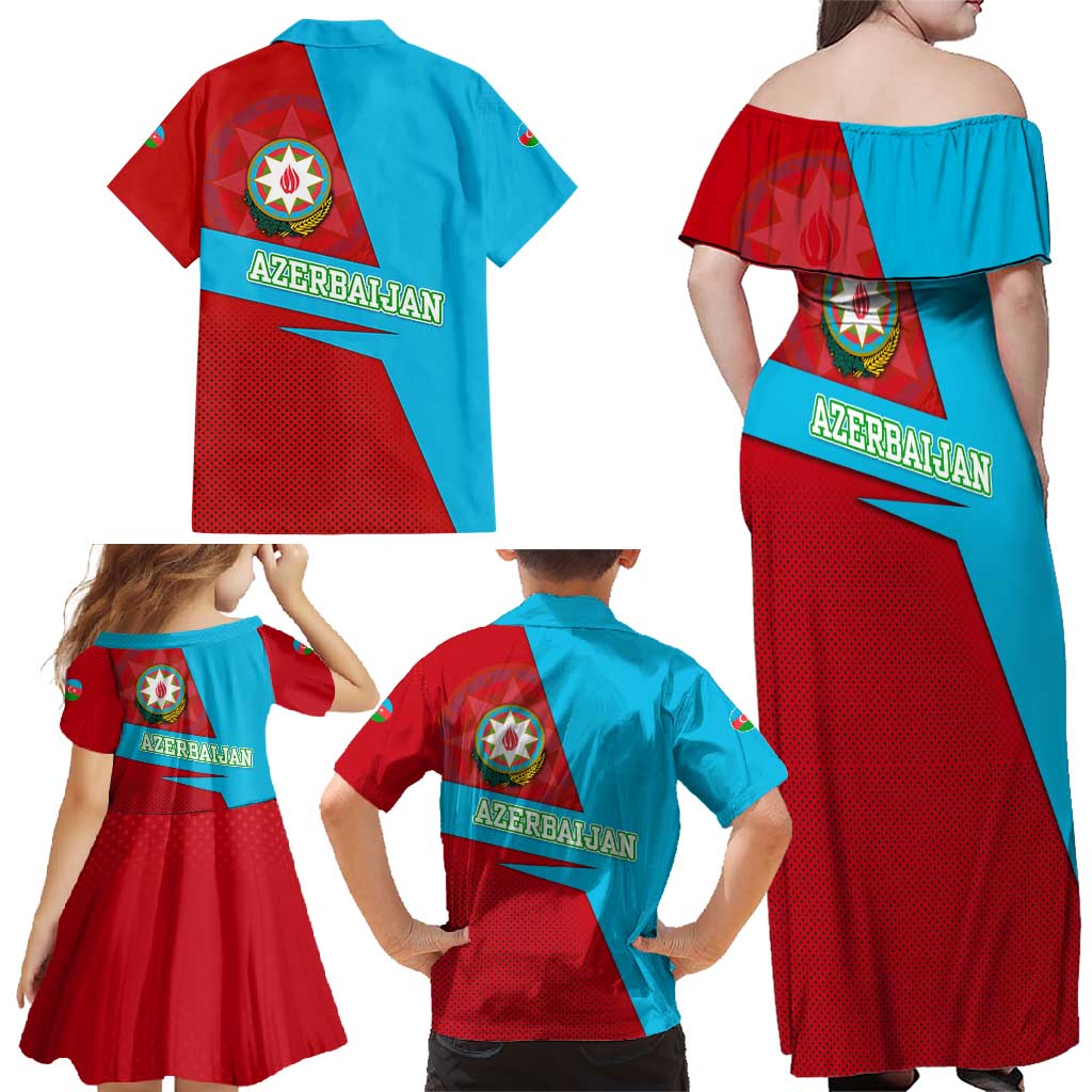 Azerbaijan National Emblem Family Matching Off Shoulder Maxi Dress and Hawaiian Shirt with Modern Flag Color Block Design - Wonder Print Shop