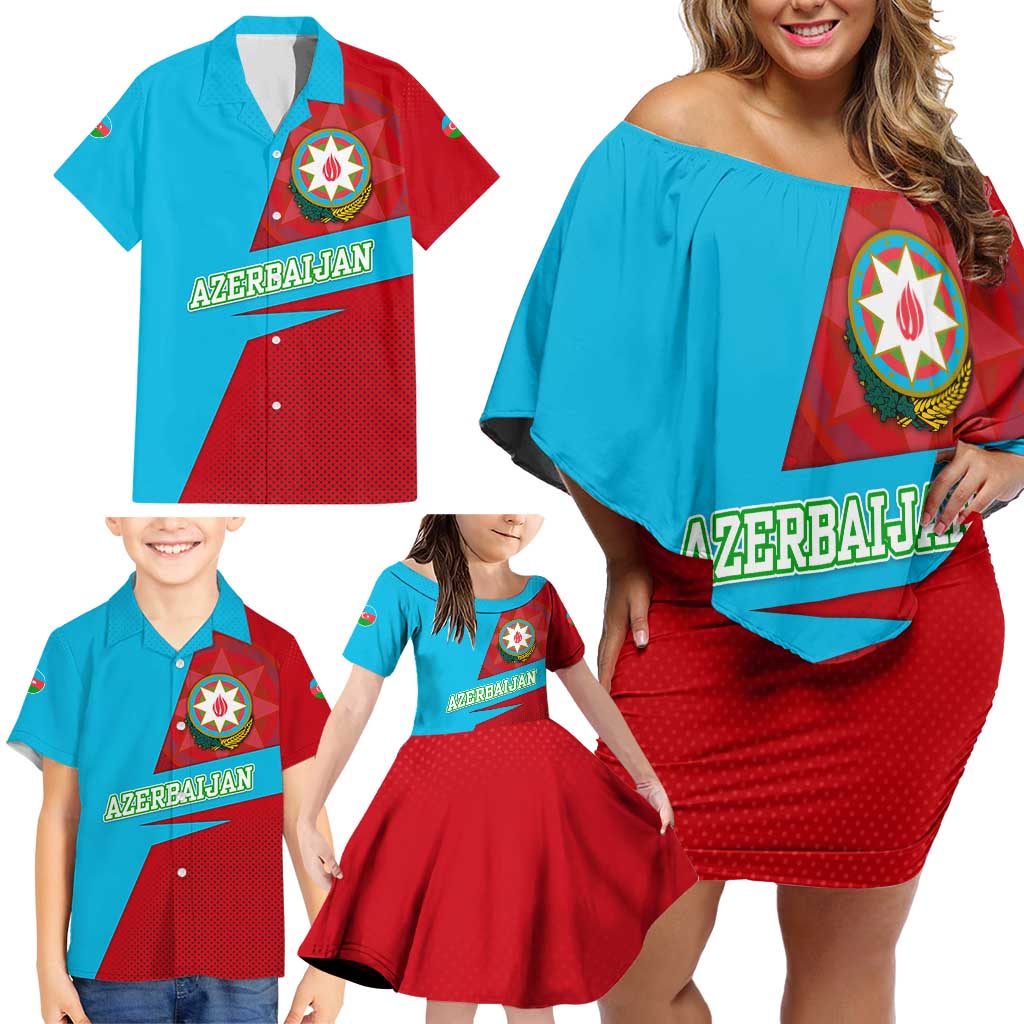 Azerbaijan National Emblem Family Matching Off Shoulder Short Dress and Hawaiian Shirt with Modern Flag Color Block Design - Wonder Print Shop