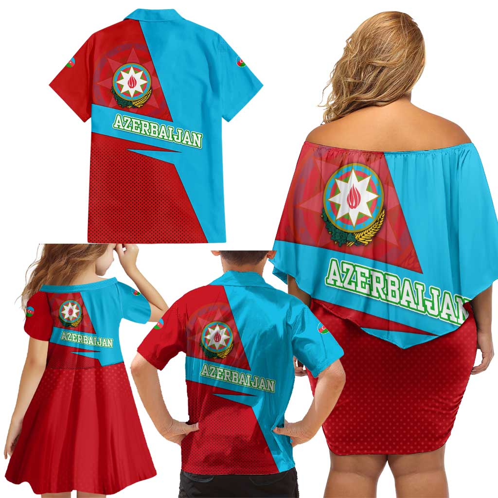 Azerbaijan National Emblem Family Matching Off Shoulder Short Dress and Hawaiian Shirt with Modern Flag Color Block Design - Wonder Print Shop