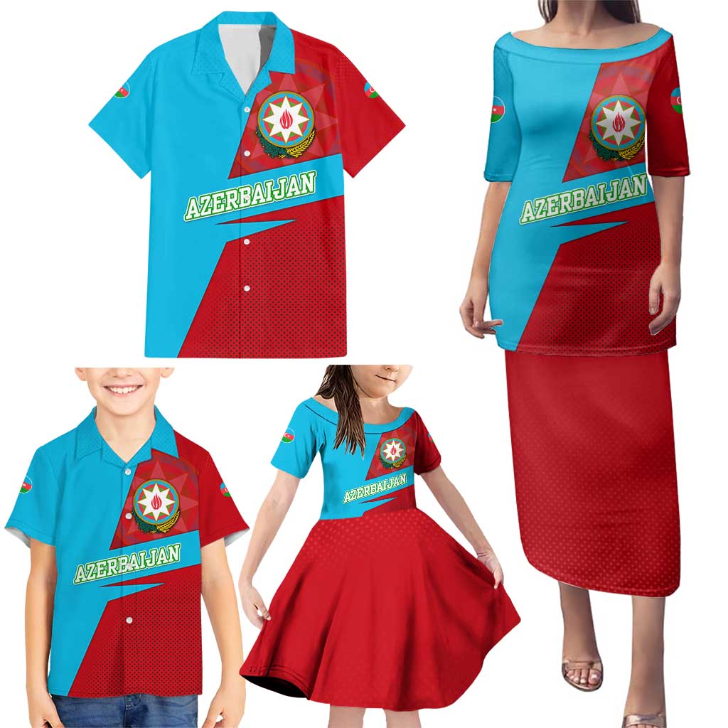 Azerbaijan National Emblem Family Matching Puletasi and Hawaiian Shirt with Modern Flag Color Block Design - Wonder Print Shop