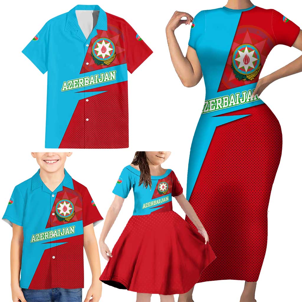 Azerbaijan National Emblem Family Matching Short Sleeve Bodycon Dress and Hawaiian Shirt with Modern Flag Color Block Design - Wonder Print Shop