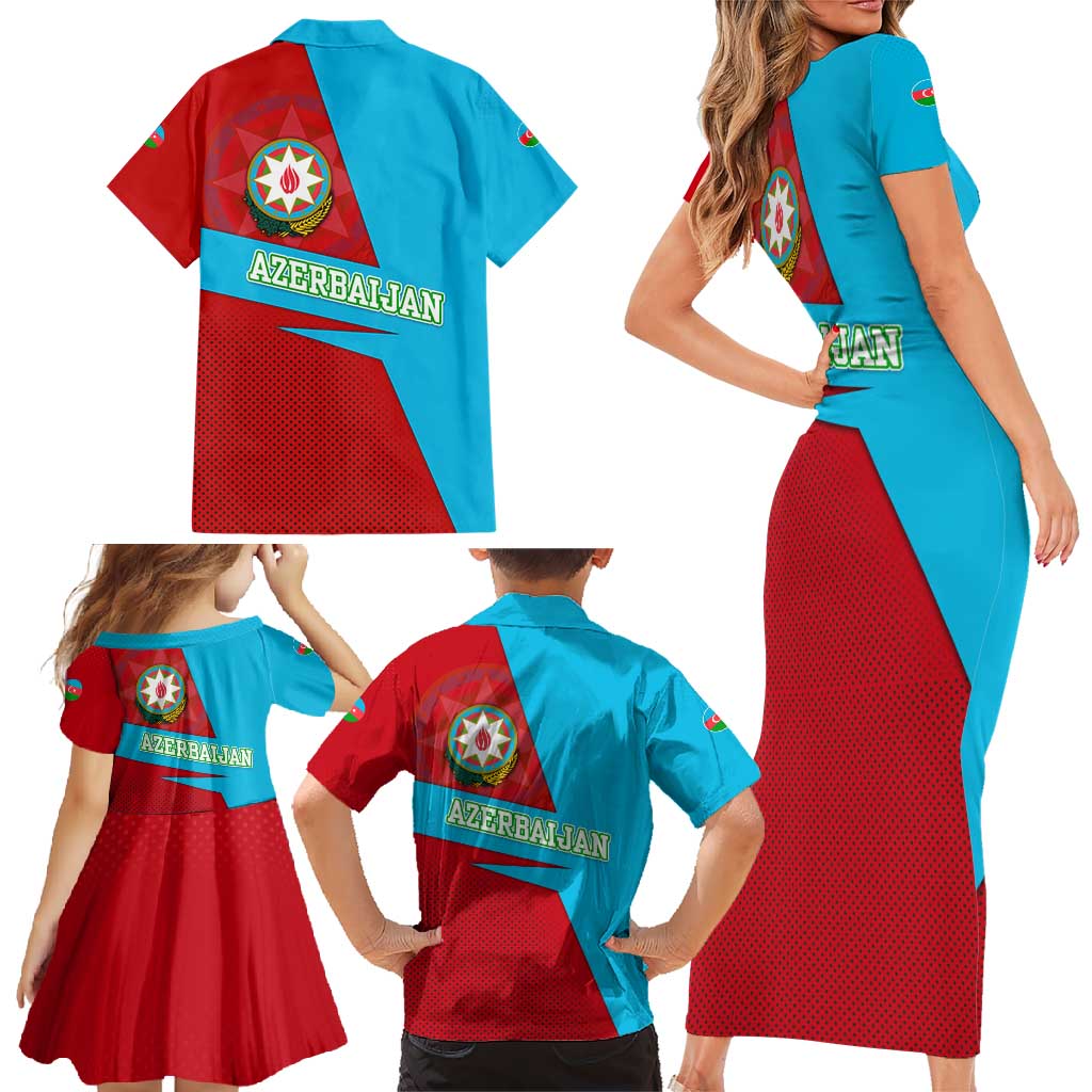 Azerbaijan National Emblem Family Matching Short Sleeve Bodycon Dress and Hawaiian Shirt with Modern Flag Color Block Design - Wonder Print Shop