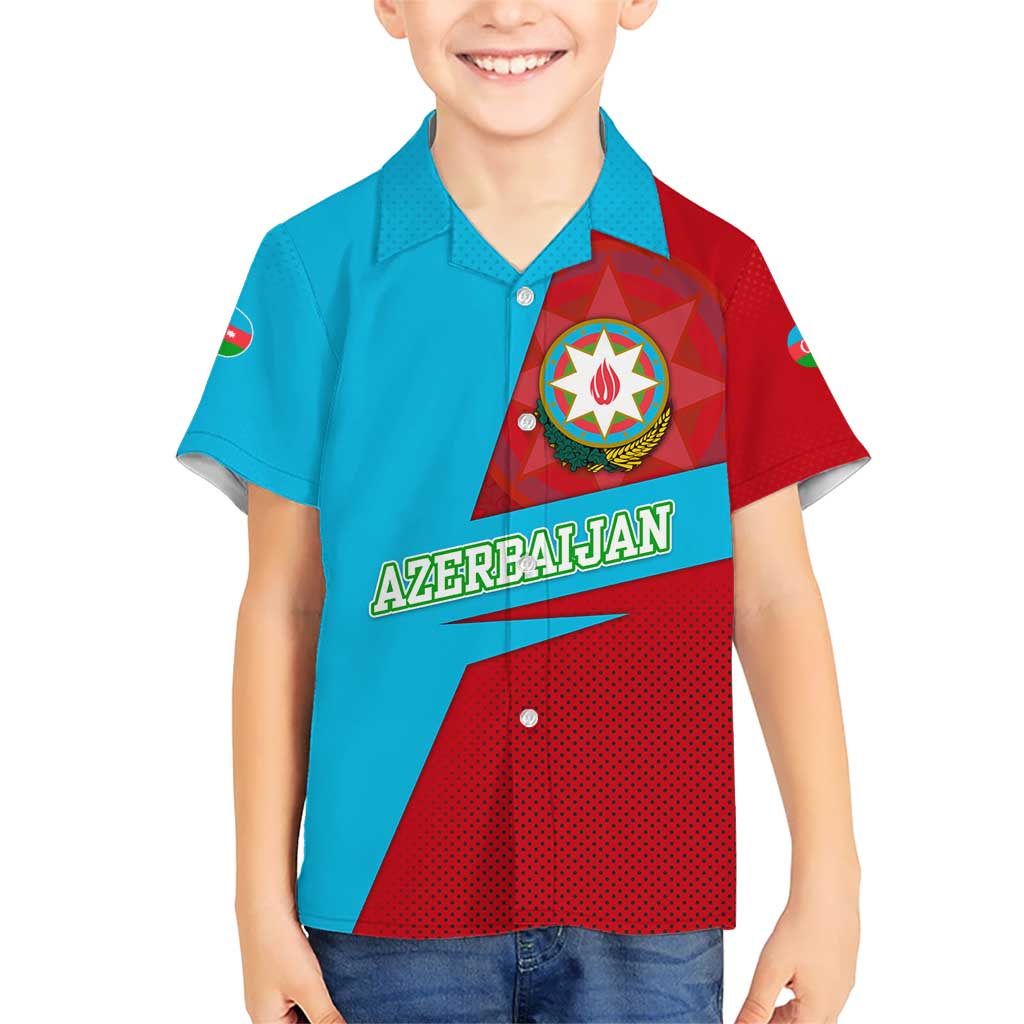 Azerbaijan National Emblem Kid Hawaiian Shirt with Modern Flag Color Block Design - Wonder Print Shop