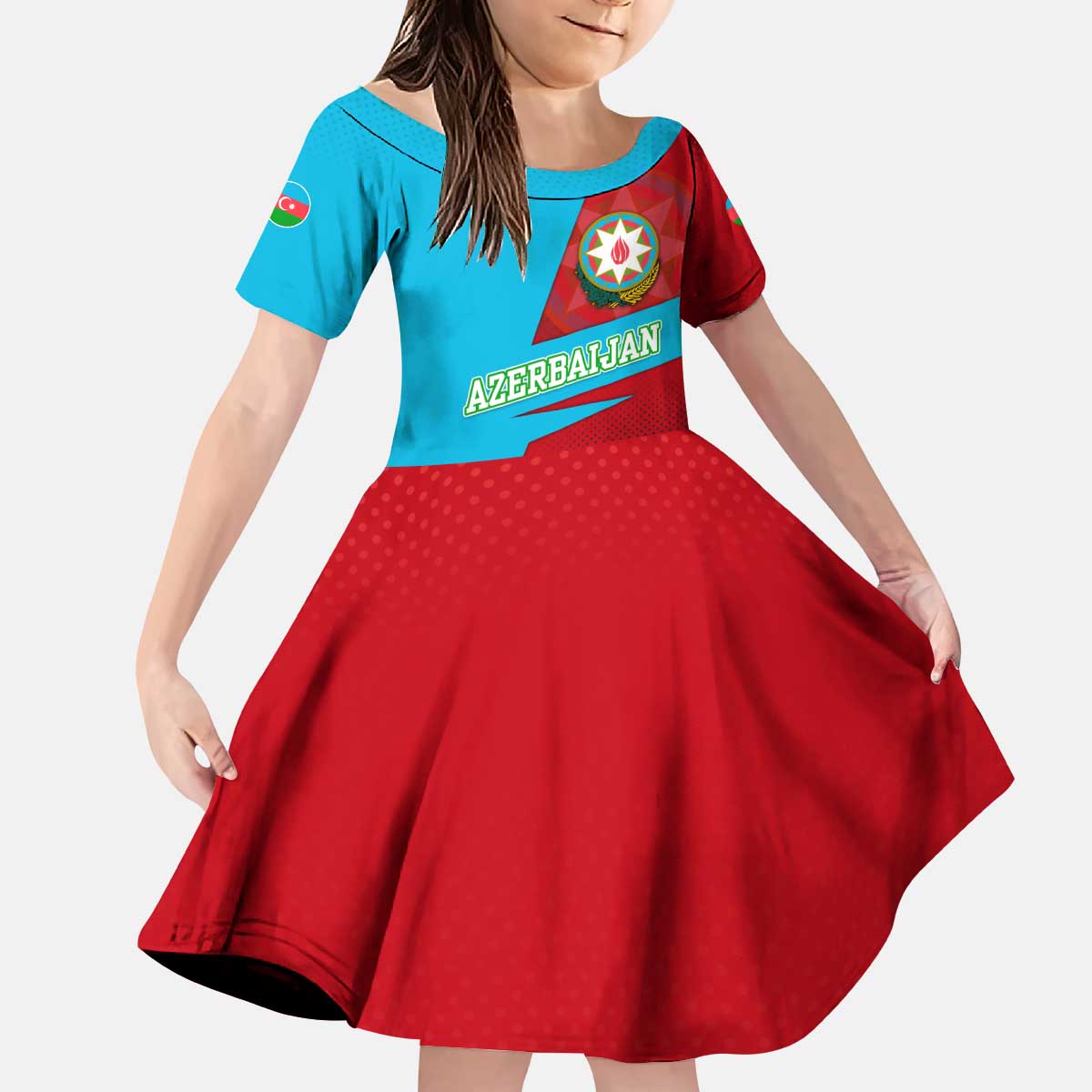 Azerbaijan National Emblem Kid Short Sleeve Dress with Modern Flag Color Block Design - Wonder Print Shop