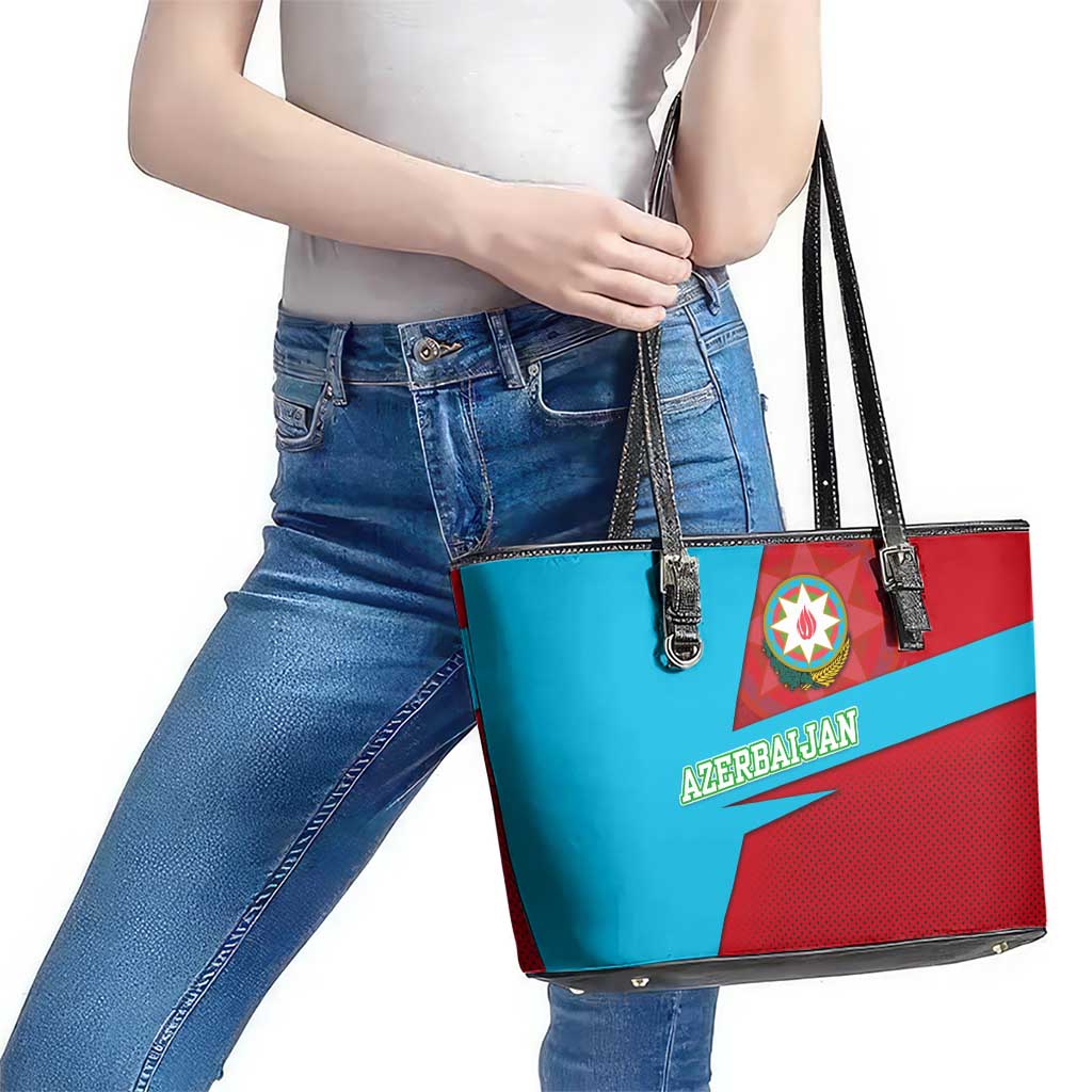 Azerbaijan National Emblem Leather Tote Bag with Modern Flag Color Block Design - Wonder Print Shop