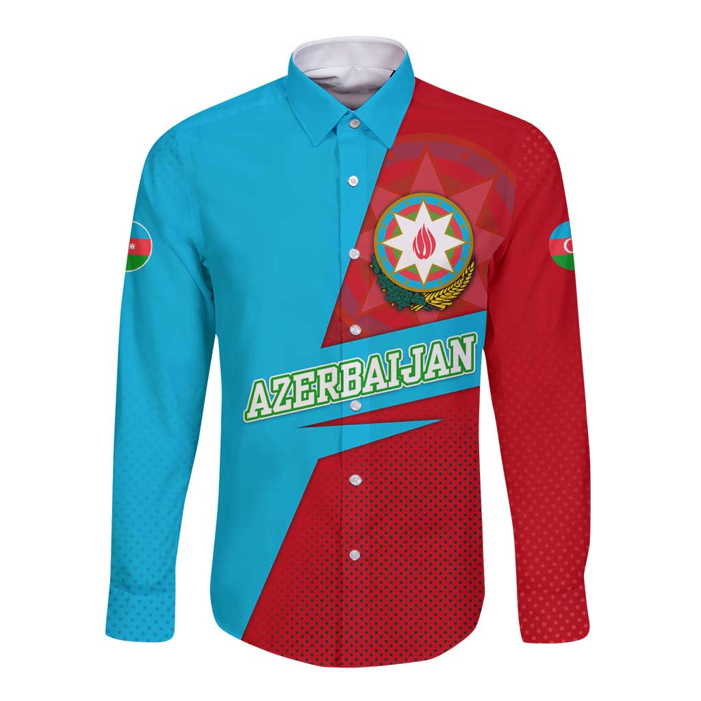 Azerbaijan National Emblem Long Sleeve Button Shirt with Modern Flag Color Block Design - Wonder Print Shop