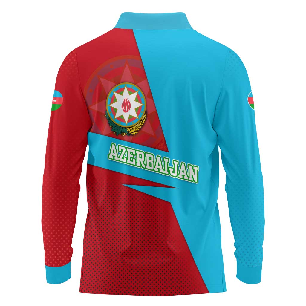 Azerbaijan National Emblem Long Sleeve Polo Shirt with Modern Flag Color Block Design - Wonder Print Shop