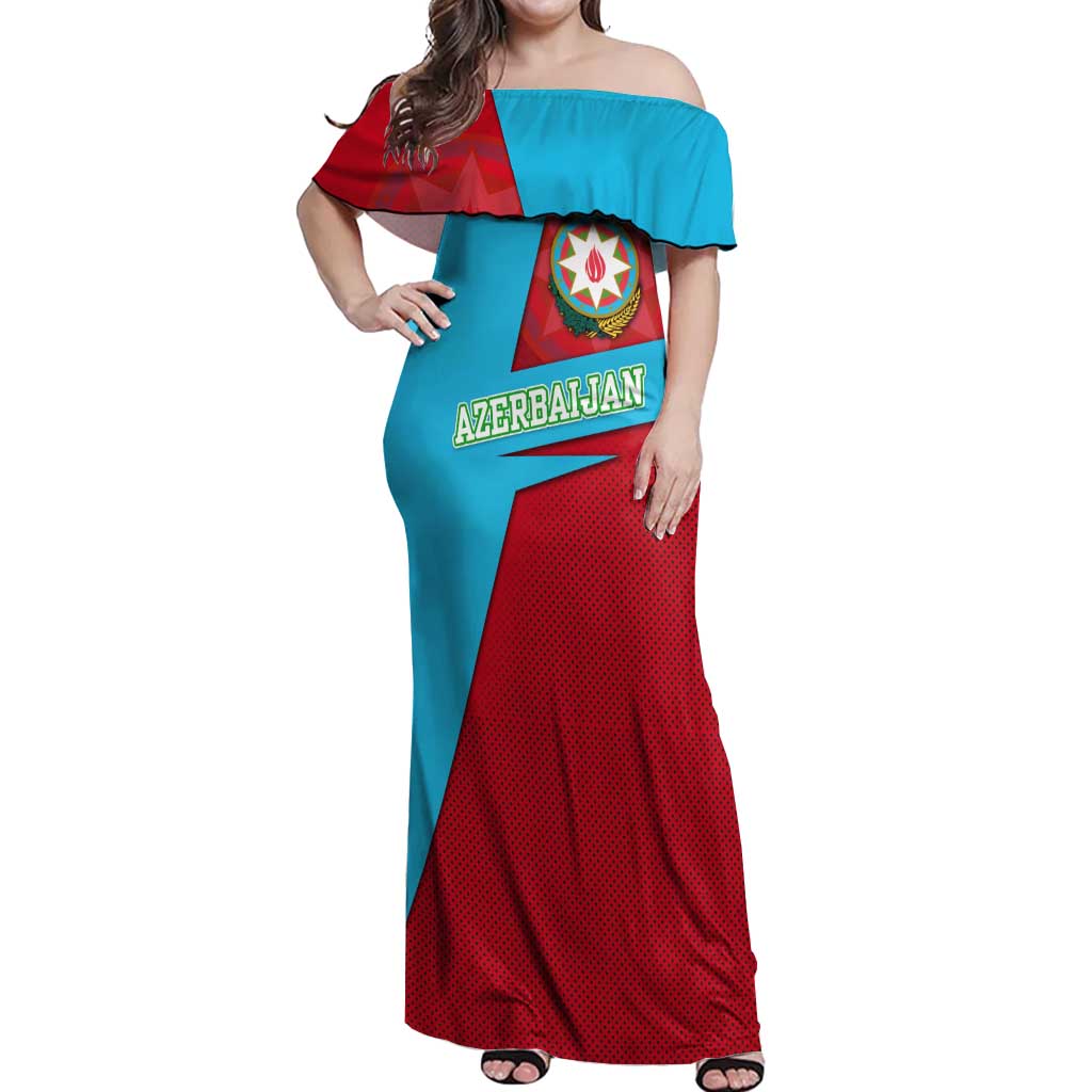 Azerbaijan National Emblem Off Shoulder Maxi Dress with Modern Flag Color Block Design - Wonder Print Shop