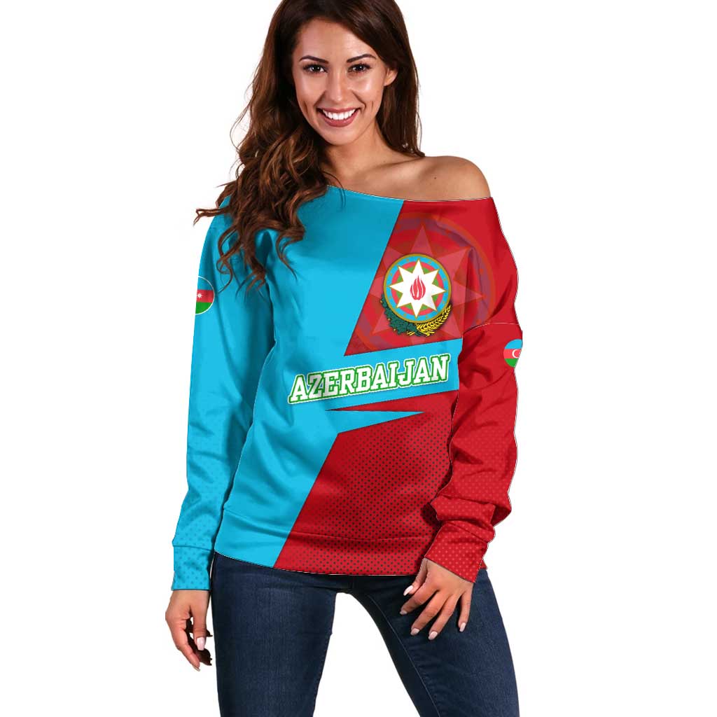 Azerbaijan National Emblem Off Shoulder Sweater with Modern Flag Color Block Design - Wonder Print Shop
