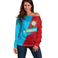 Azerbaijan National Emblem Off Shoulder Sweater with Modern Flag Color Block Design - Wonder Print Shop