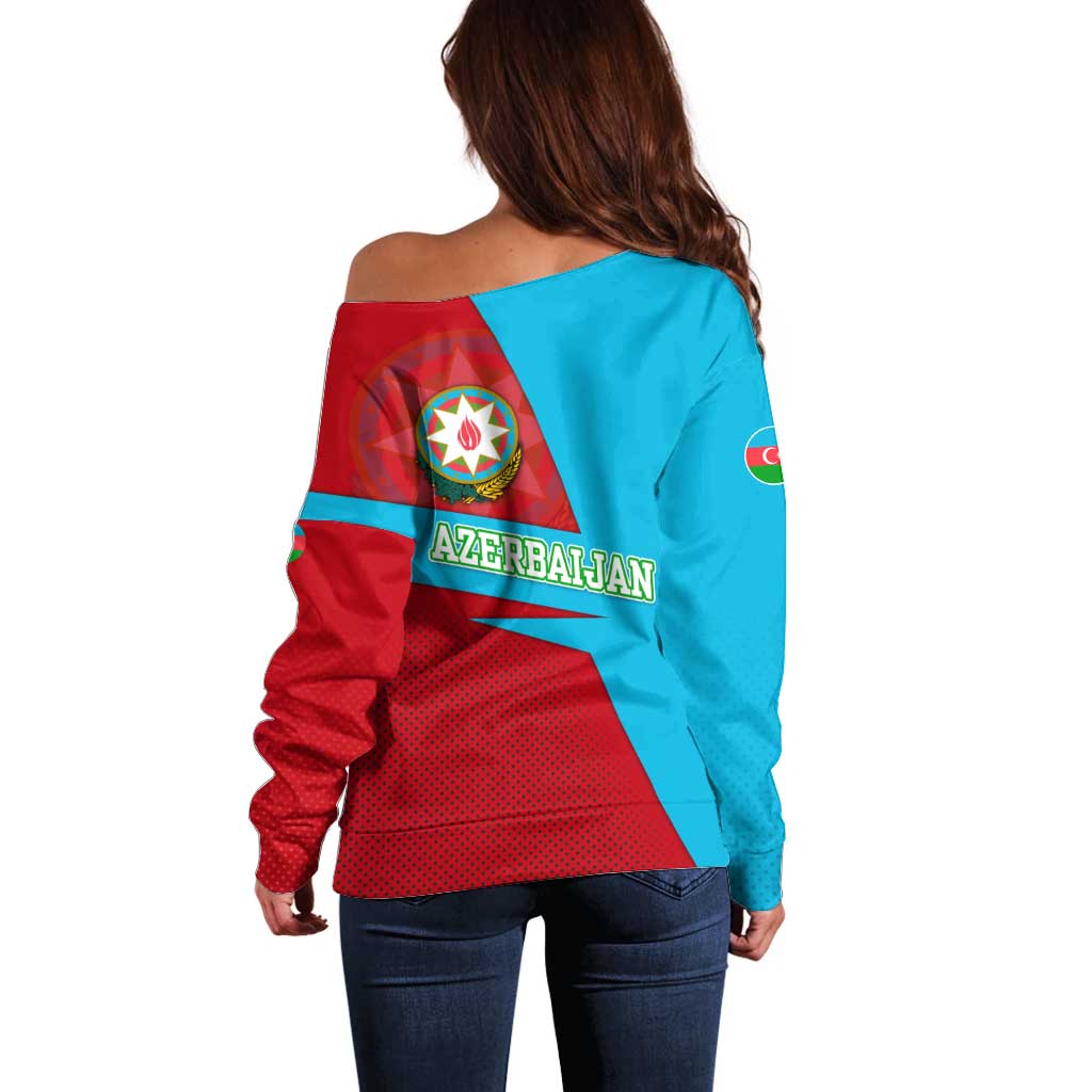 Azerbaijan National Emblem Off Shoulder Sweater with Modern Flag Color Block Design - Wonder Print Shop