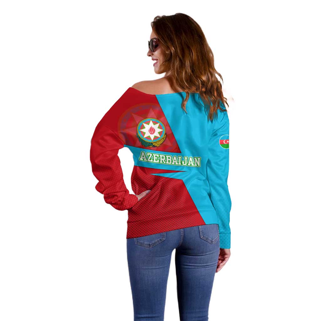 Azerbaijan National Emblem Off Shoulder Sweater with Modern Flag Color Block Design - Wonder Print Shop