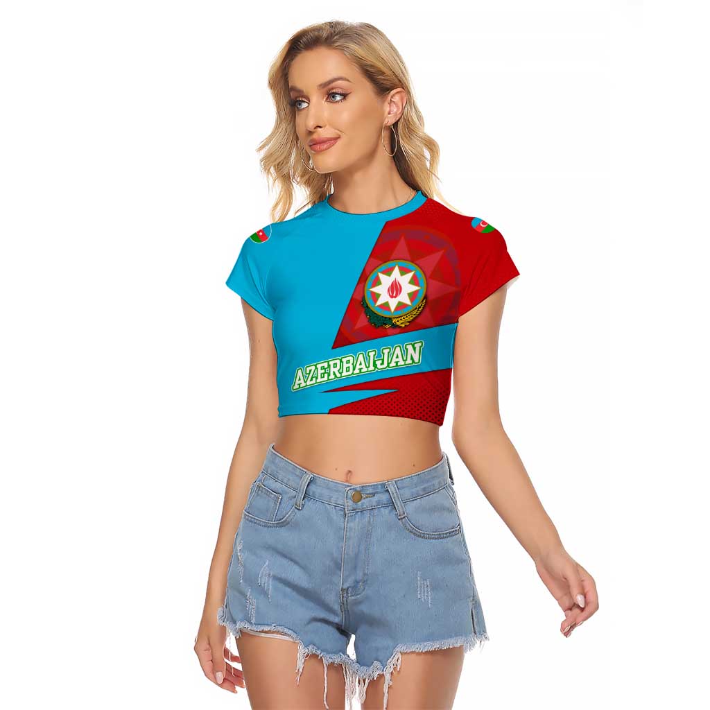 Azerbaijan National Emblem Raglan Cropped T Shirt with Modern Flag Color Block Design - Wonder Print Shop