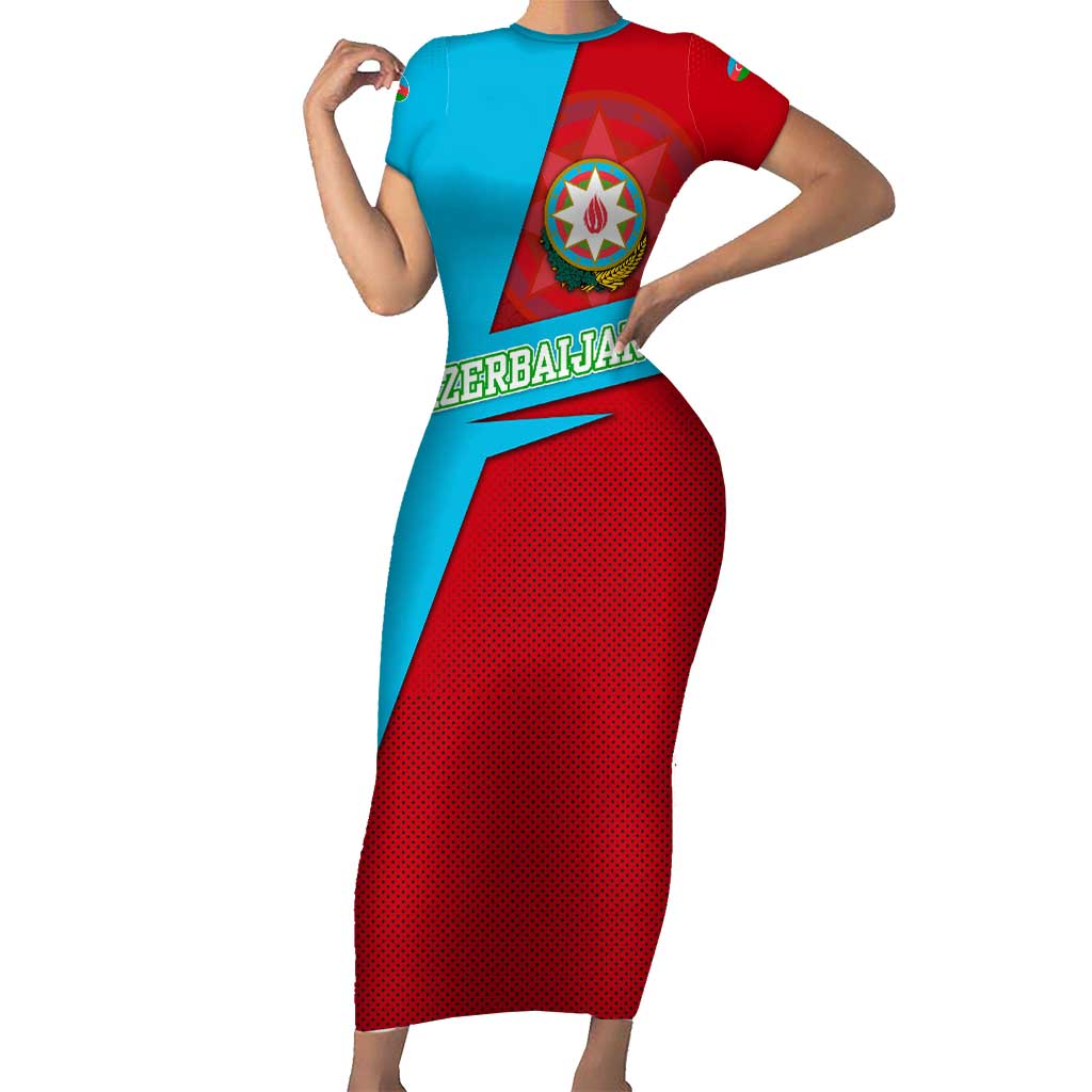 Azerbaijan National Emblem Short Sleeve Bodycon Dress with Modern Flag Color Block Design - Wonder Print Shop