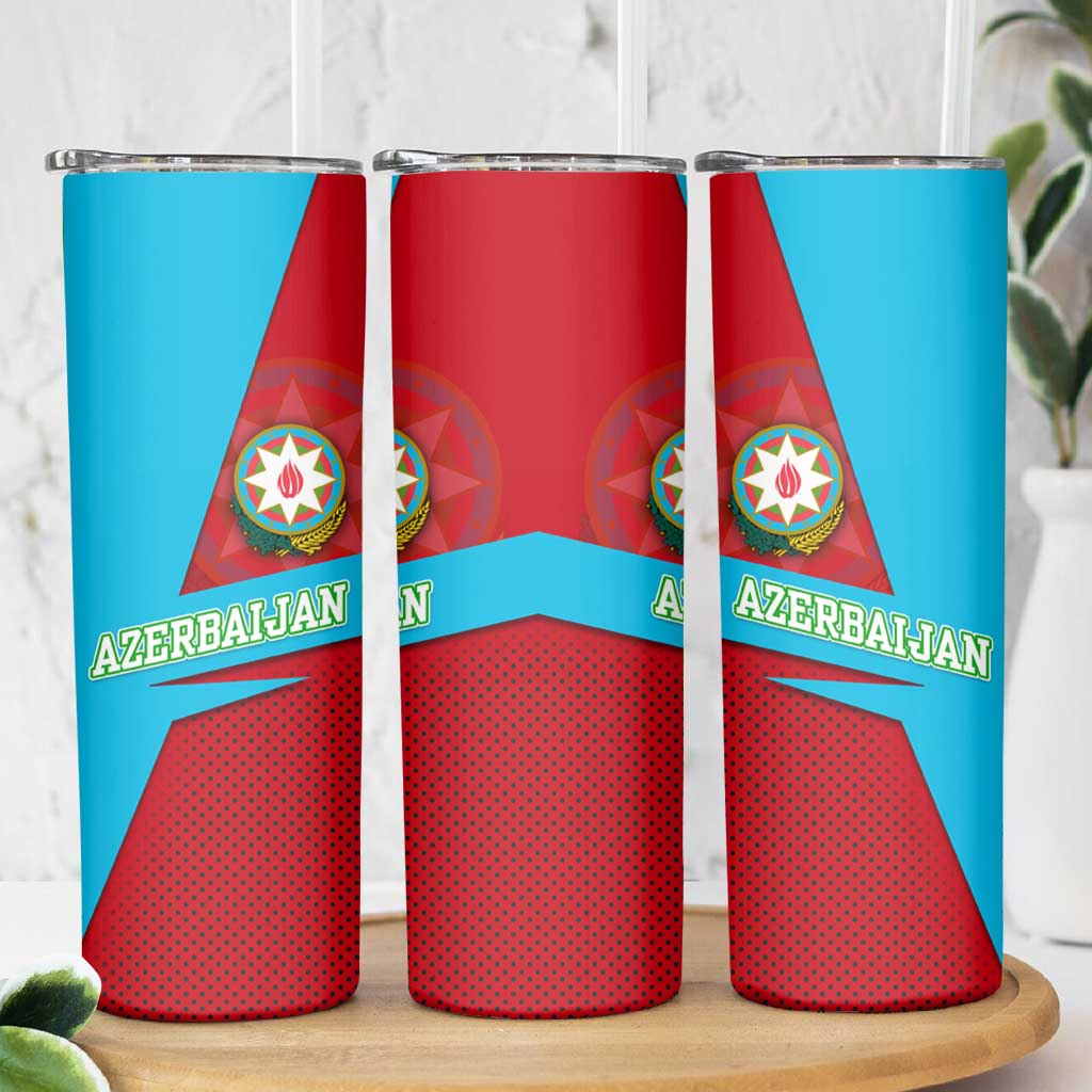 Azerbaijan National Emblem Skinny Tumbler with Modern Flag Color Block Design - Wonder Print Shop