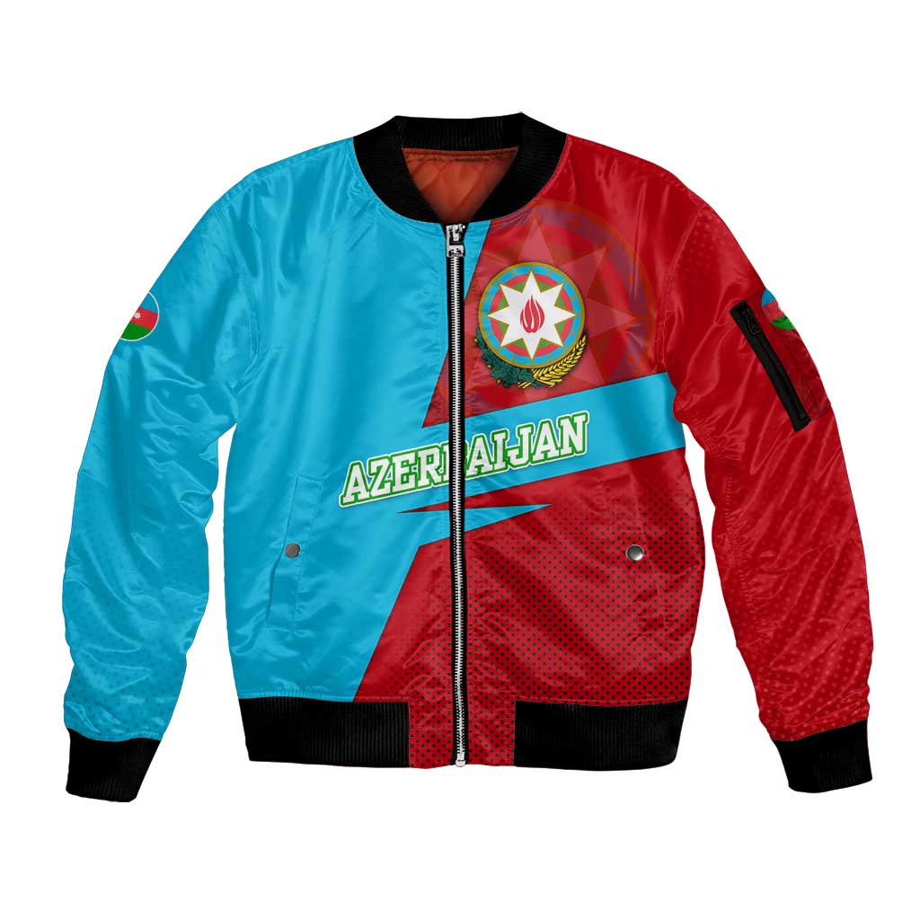 Azerbaijan National Emblem Sleeve Zip Bomber Jacket with Modern Flag Color Block Design - Wonder Print Shop