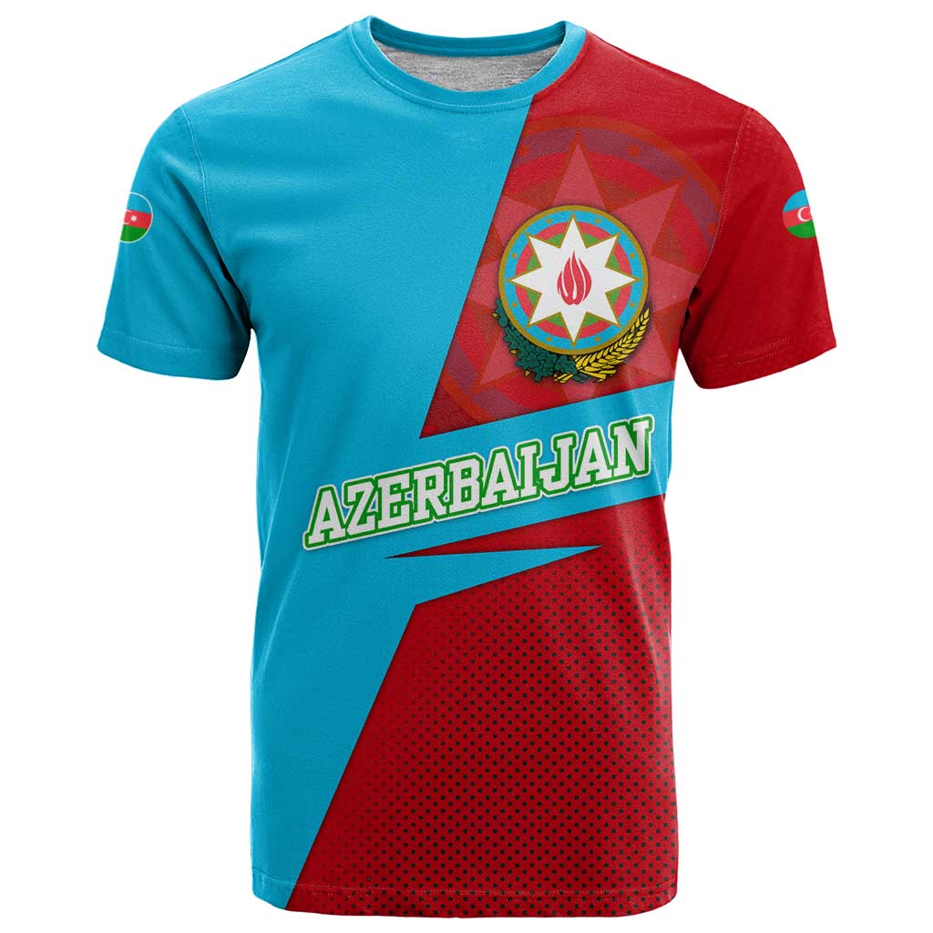 Azerbaijan National Emblem T Shirt with Modern Flag Color Block Design - Wonder Print Shop