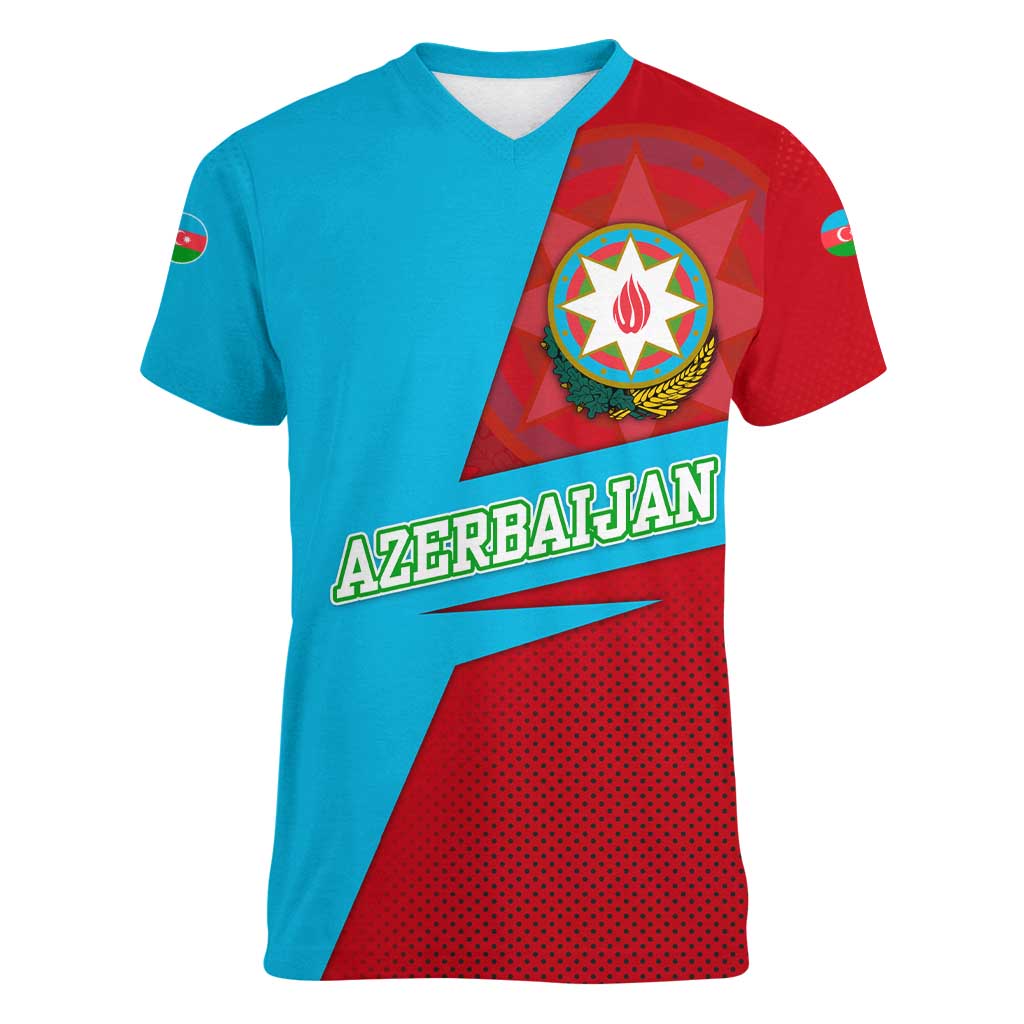 Azerbaijan National Emblem Women V-Neck T-Shirt with Modern Flag Color Block Design - Wonder Print Shop