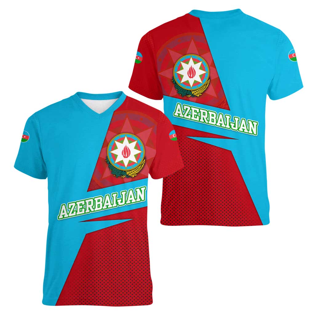 Azerbaijan National Emblem Women V-Neck T-Shirt with Modern Flag Color Block Design - Wonder Print Shop