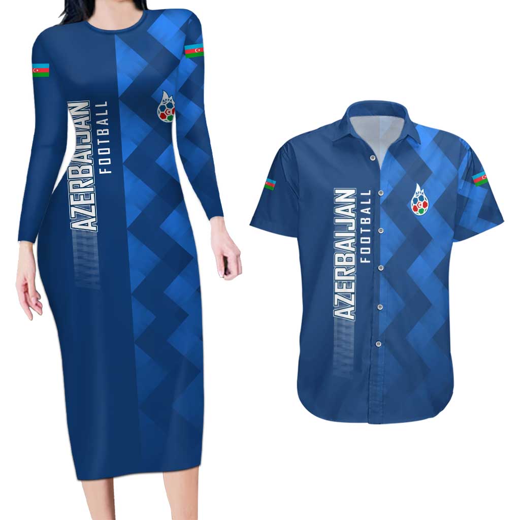 Azerbaijan Football Couples Matching Long Sleeve Bodycon Dress and Hawaiian Shirt with AFFA Emblem in Blue Geometric Design