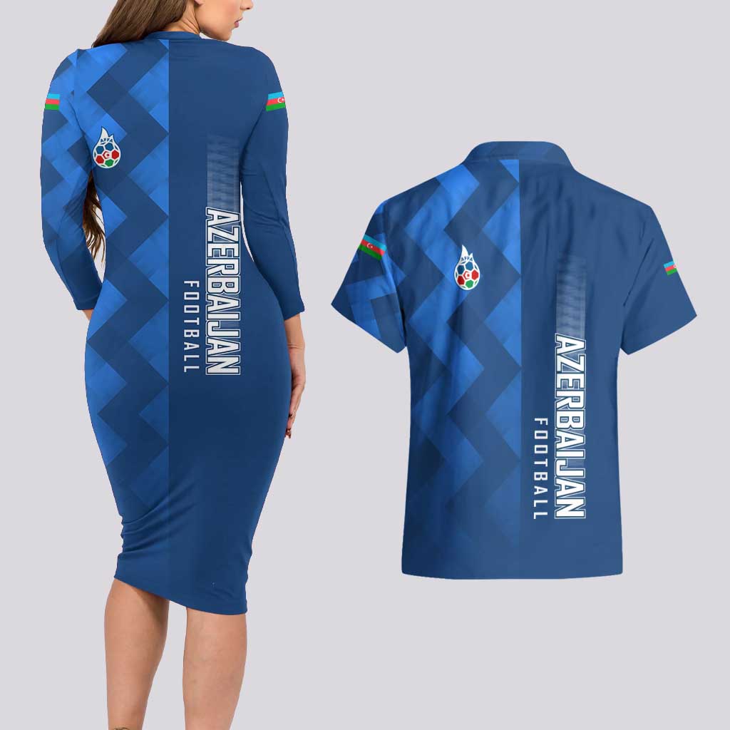 Azerbaijan Football Couples Matching Long Sleeve Bodycon Dress and Hawaiian Shirt with AFFA Emblem in Blue Geometric Design
