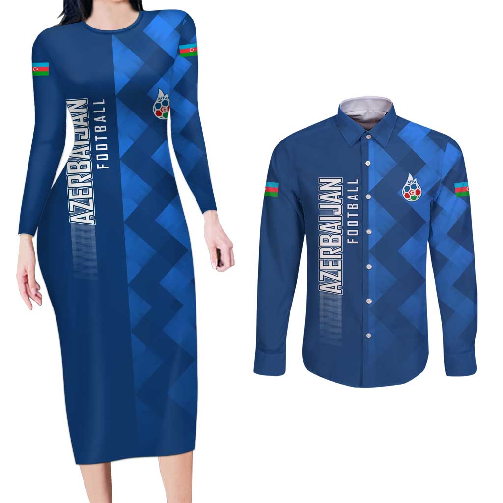 Azerbaijan Football Couples Matching Long Sleeve Bodycon Dress and Long Sleeve Button Shirt with AFFA Emblem in Blue Geometric Design