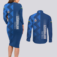 Azerbaijan Football Couples Matching Long Sleeve Bodycon Dress and Long Sleeve Button Shirt with AFFA Emblem in Blue Geometric Design