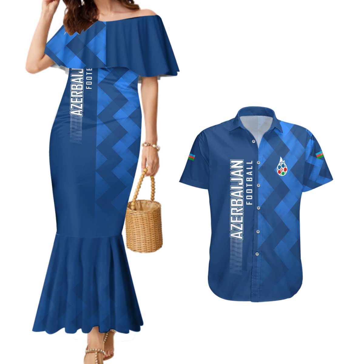 Azerbaijan Football Couples Matching Mermaid Dress and Hawaiian Shirt with AFFA Emblem in Blue Geometric Design