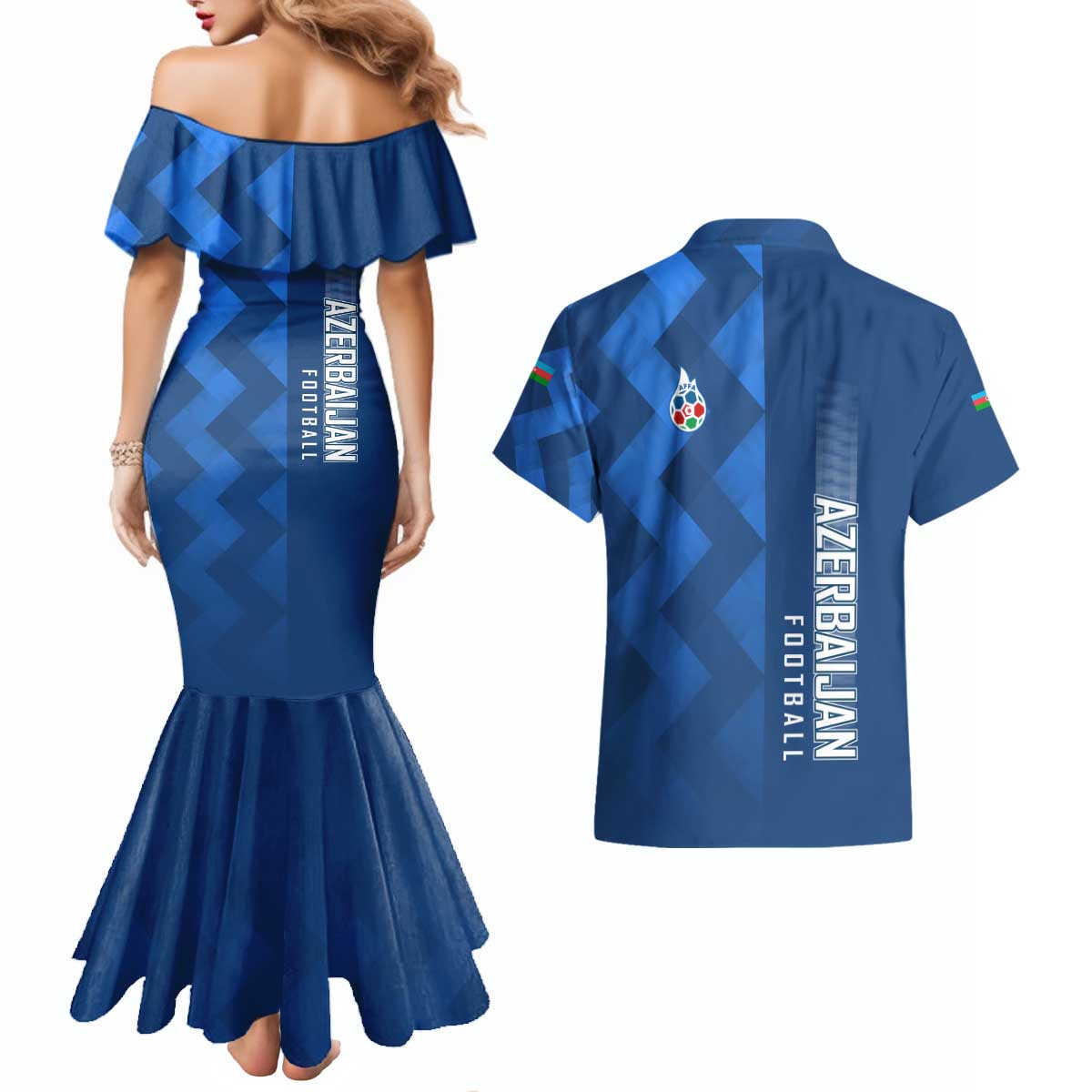 Azerbaijan Football Couples Matching Mermaid Dress and Hawaiian Shirt with AFFA Emblem in Blue Geometric Design
