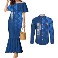 Azerbaijan Football Couples Matching Mermaid Dress and Long Sleeve Button Shirt with AFFA Emblem in Blue Geometric Design