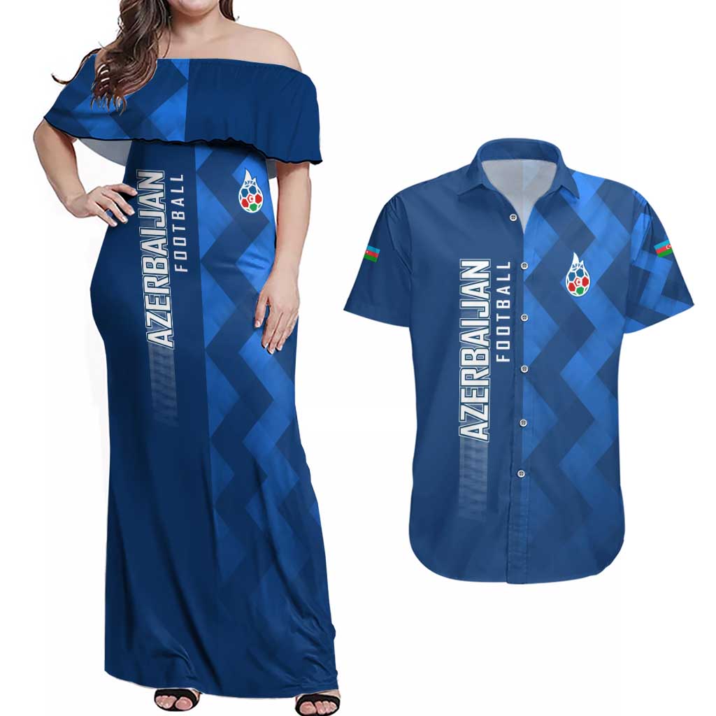 Azerbaijan Football Couples Matching Off Shoulder Maxi Dress and Hawaiian Shirt with AFFA Emblem in Blue Geometric Design