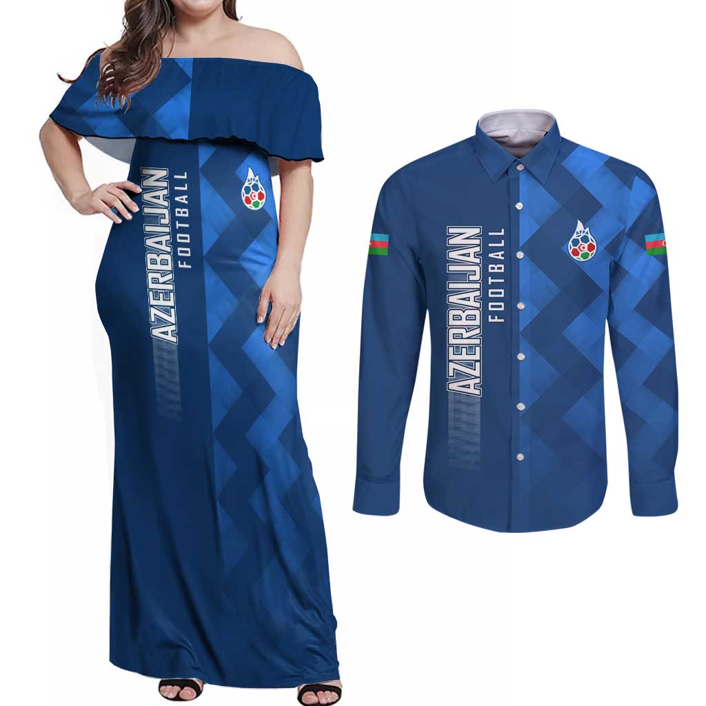 Azerbaijan Football Couples Matching Off Shoulder Maxi Dress and Long Sleeve Button Shirt with AFFA Emblem in Blue Geometric Design