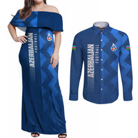Azerbaijan Football Couples Matching Off Shoulder Maxi Dress and Long Sleeve Button Shirt with AFFA Emblem in Blue Geometric Design