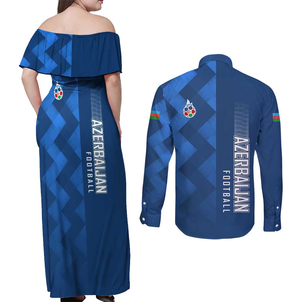 Azerbaijan Football Couples Matching Off Shoulder Maxi Dress and Long Sleeve Button Shirt with AFFA Emblem in Blue Geometric Design