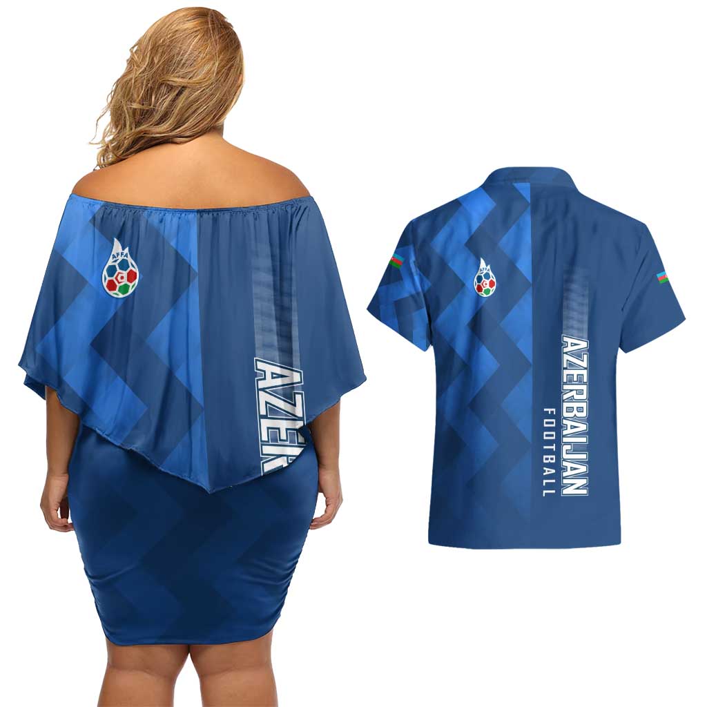 Azerbaijan Football Couples Matching Off Shoulder Short Dress and Hawaiian Shirt with AFFA Emblem in Blue Geometric Design