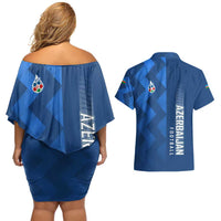 Azerbaijan Football Couples Matching Off Shoulder Short Dress and Hawaiian Shirt with AFFA Emblem in Blue Geometric Design