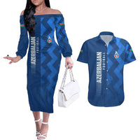 Azerbaijan Football Couples Matching Off The Shoulder Long Sleeve Dress and Hawaiian Shirt with AFFA Emblem in Blue Geometric Design