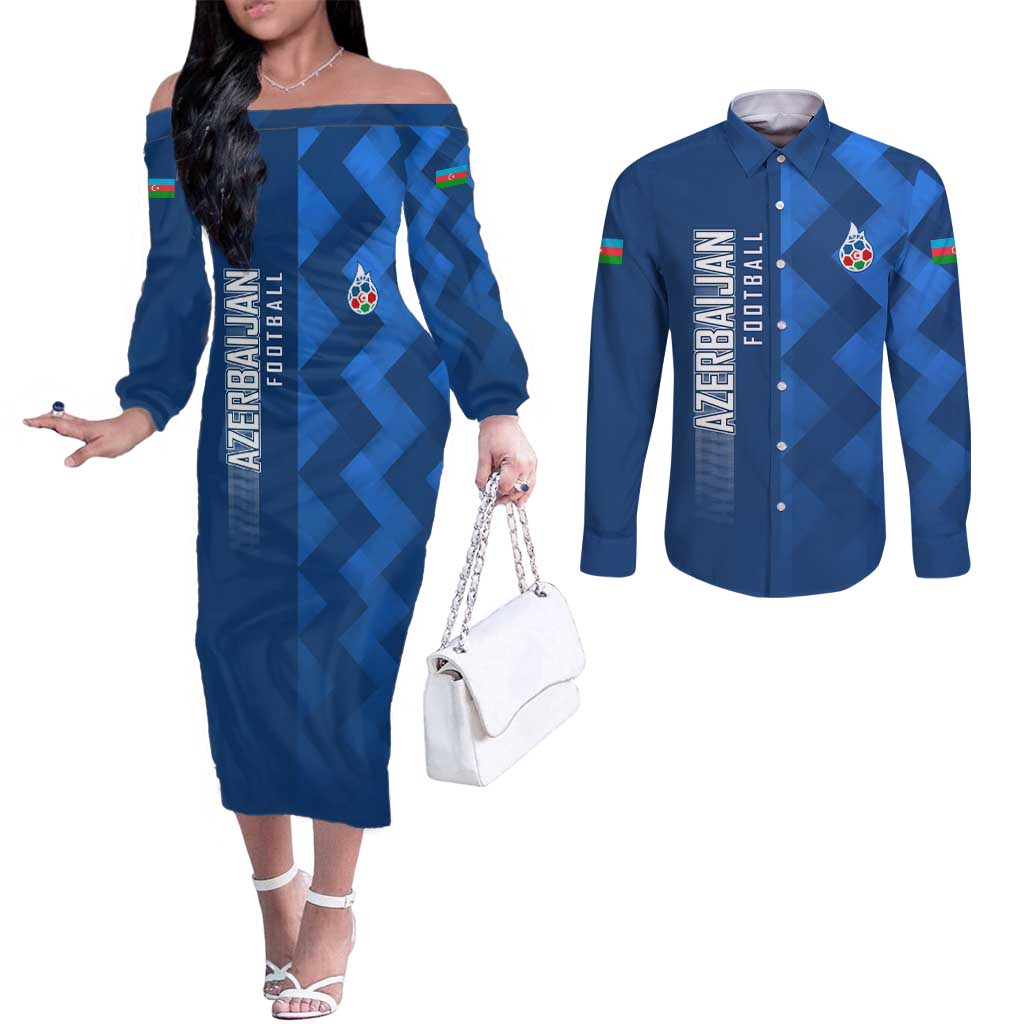 Azerbaijan Football Couples Matching Off The Shoulder Long Sleeve Dress and Long Sleeve Button Shirt with AFFA Emblem in Blue Geometric Design