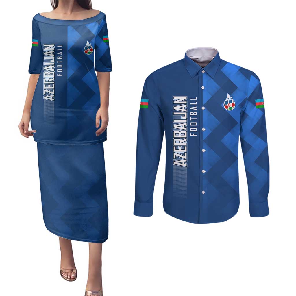 Azerbaijan Football Couples Matching Puletasi and Long Sleeve Button Shirt with AFFA Emblem in Blue Geometric Design