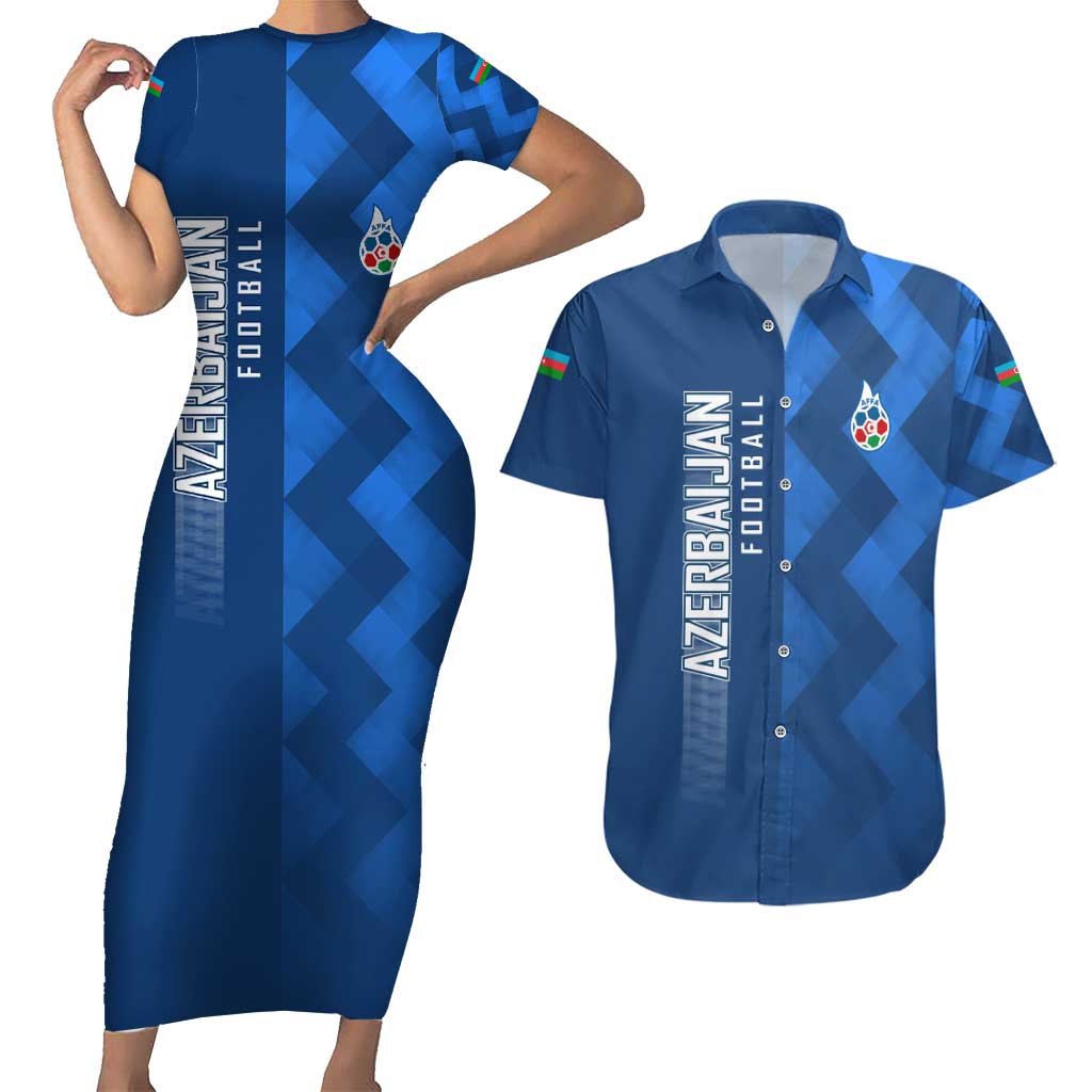 Azerbaijan Football Couples Matching Short Sleeve Bodycon Dress and Hawaiian Shirt with AFFA Emblem in Blue Geometric Design