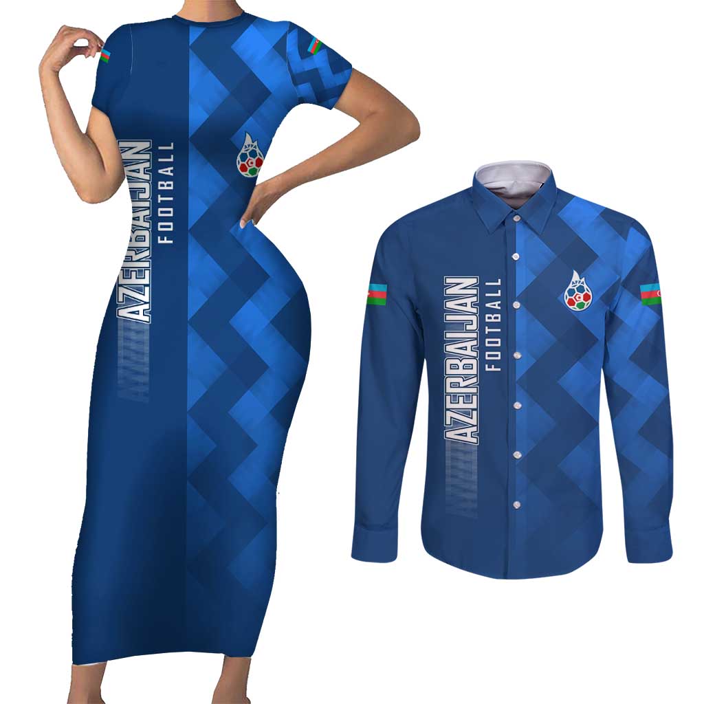 Azerbaijan Football Couples Matching Short Sleeve Bodycon Dress and Long Sleeve Button Shirt with AFFA Emblem in Blue Geometric Design