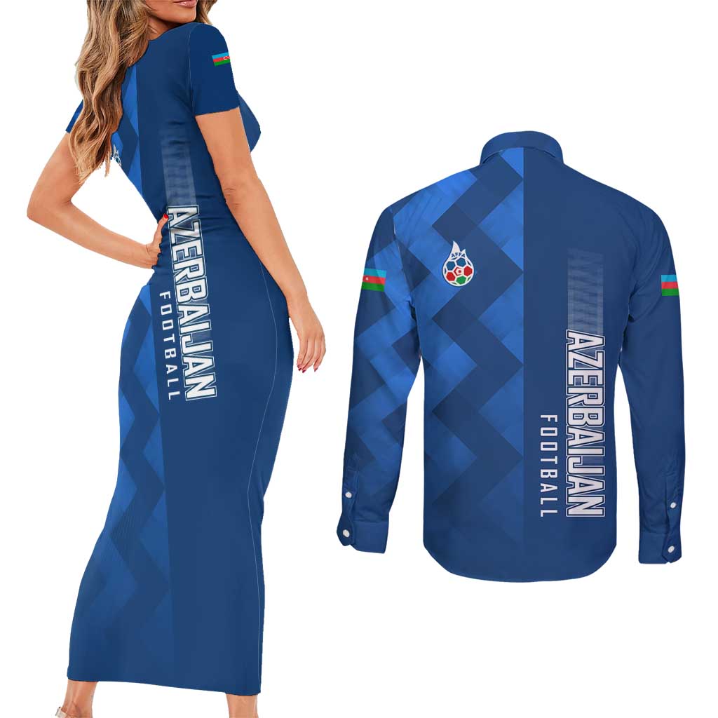 Azerbaijan Football Couples Matching Short Sleeve Bodycon Dress and Long Sleeve Button Shirt with AFFA Emblem in Blue Geometric Design