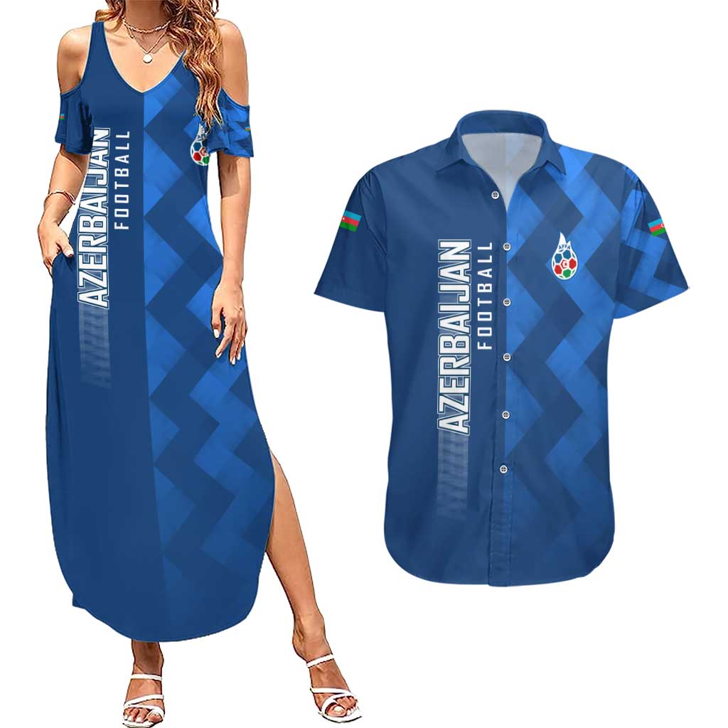 Azerbaijan Football Couples Matching Summer Maxi Dress and Hawaiian Shirt with AFFA Emblem in Blue Geometric Design