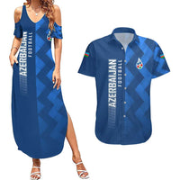 Azerbaijan Football Couples Matching Summer Maxi Dress and Hawaiian Shirt with AFFA Emblem in Blue Geometric Design