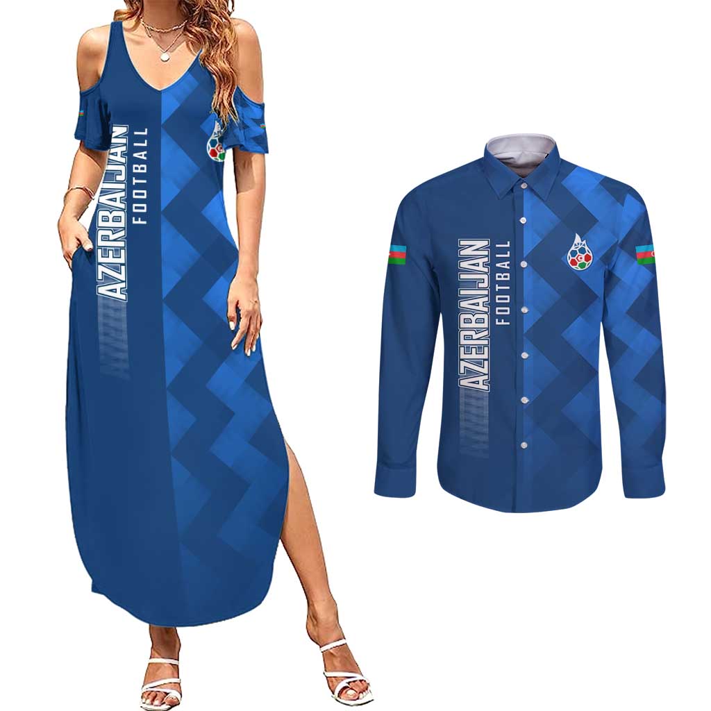 Azerbaijan Football Couples Matching Summer Maxi Dress and Long Sleeve Button Shirt with AFFA Emblem in Blue Geometric Design