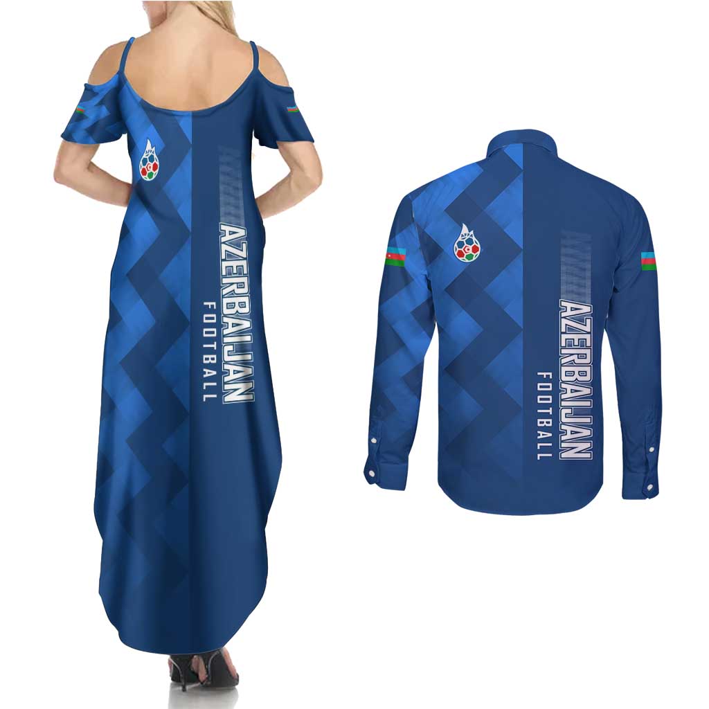 Azerbaijan Football Couples Matching Summer Maxi Dress and Long Sleeve Button Shirt with AFFA Emblem in Blue Geometric Design