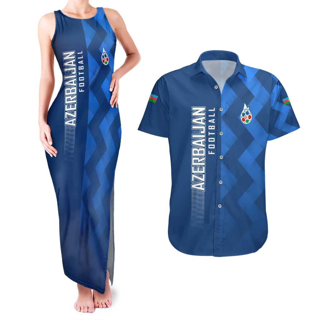 Azerbaijan Football Couples Matching Tank Maxi Dress and Hawaiian Shirt with AFFA Emblem in Blue Geometric Design